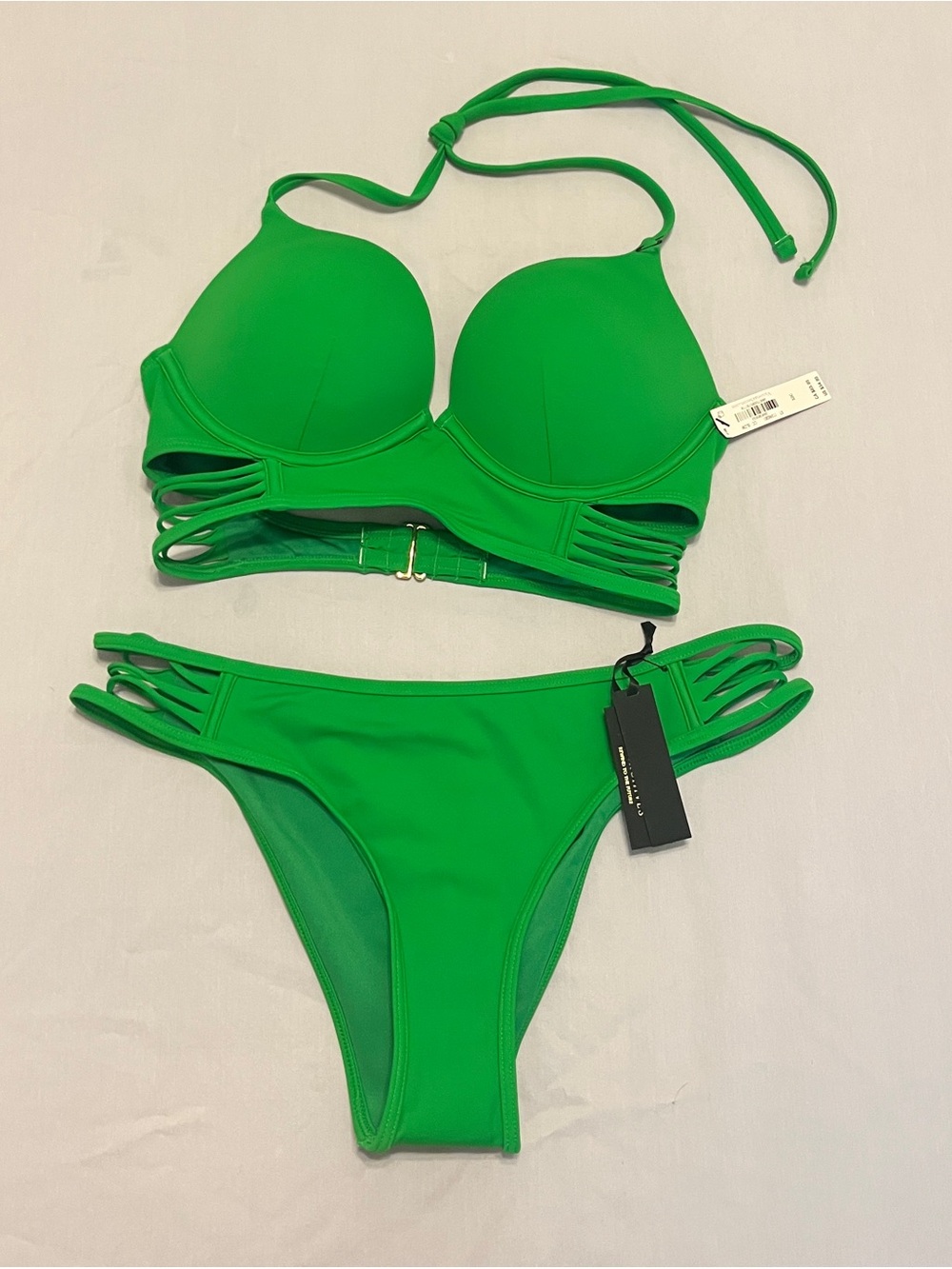 Victoria's Secret Vibrant Green Strappy Underwire Bikini top and bottoms